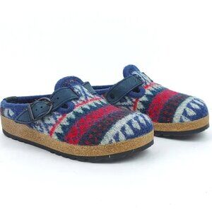 HAFLINGER Women's Navy Red Grizzly Buckle Wool Alpine Pattern Mules Clogs 38